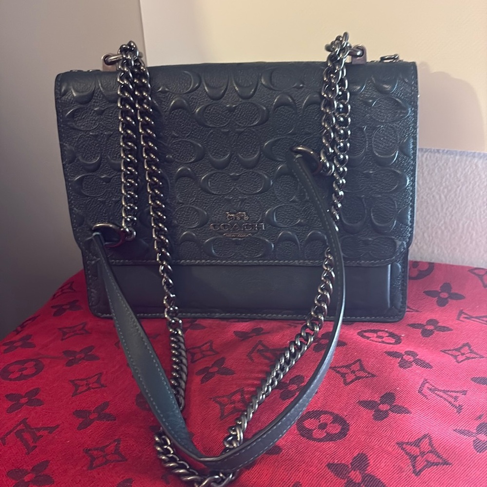 Coach Black Leather and Signature Canvas Chain Crossbody